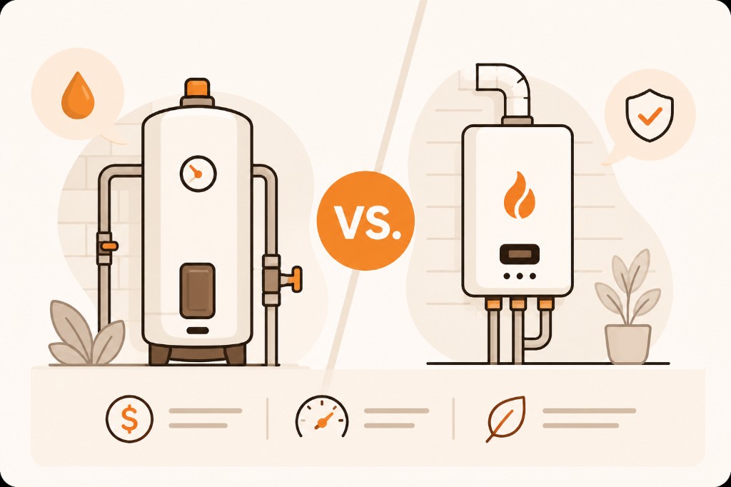 Tank vs tankless water heater comparison illustration